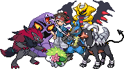 gen 5 sprite of the black 2/white 2 male protagonist alongside a houndoom, lucario, giratina, zoroark, land-forme shaymin, and arbok